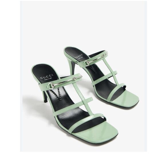 Gucci Regent Slim Horsebit 38/ US 8 Heel Sandals Pacific Green Leather NIB $990 - Picture 1 of 13